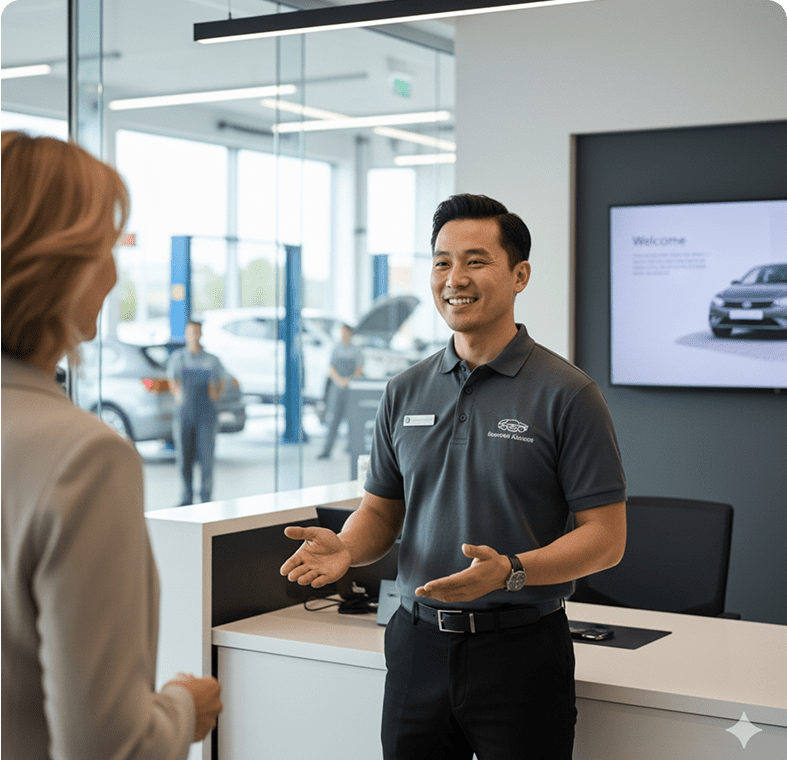 Car dealership staff assisting a customer.