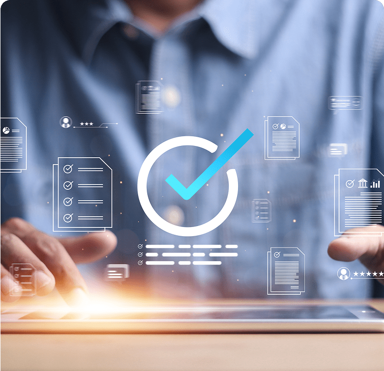 Person using tablet with digital checkmark overlay.