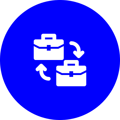 Two briefcases exchanging with circular arrows on blue background.
