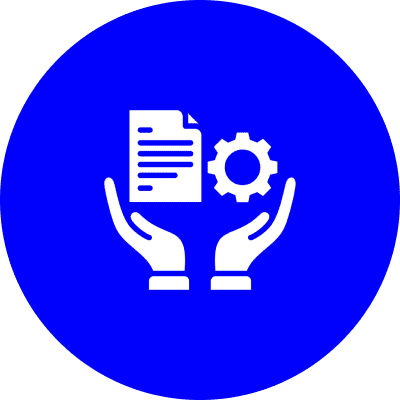 Hands holding a document and a gear icon on blue background.