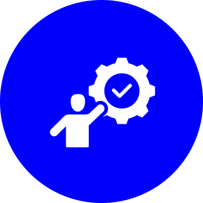 Person icon presenting a gear with a checkmark inside on a blue background.