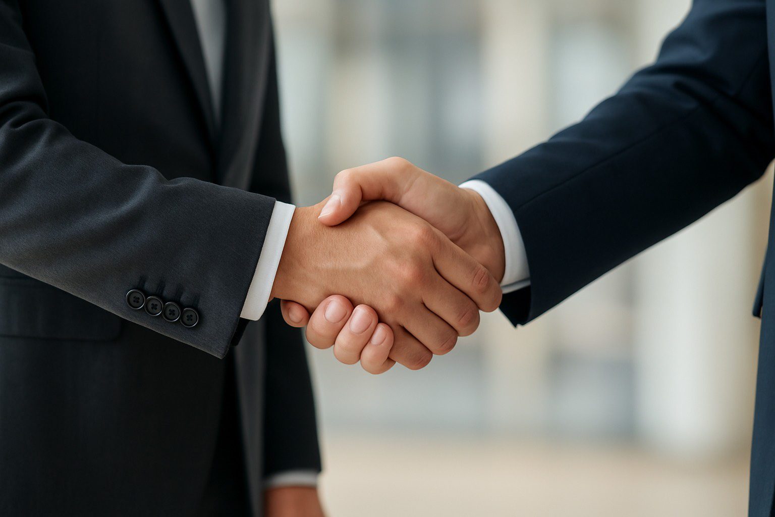 Two business professionals shaking hands in a formal setting.